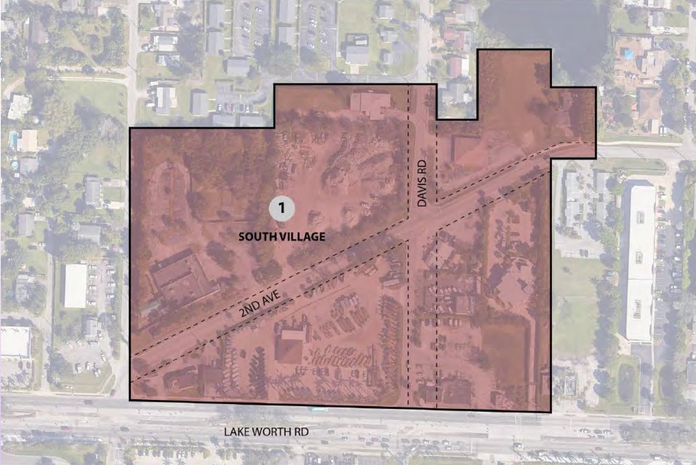 Aerial photograph of the South Village (SoVi) district in Palm Springs, Florida, with the boundary outlined and labeled with 2nd Avenue, Davis Road, and Lake Worth Road.